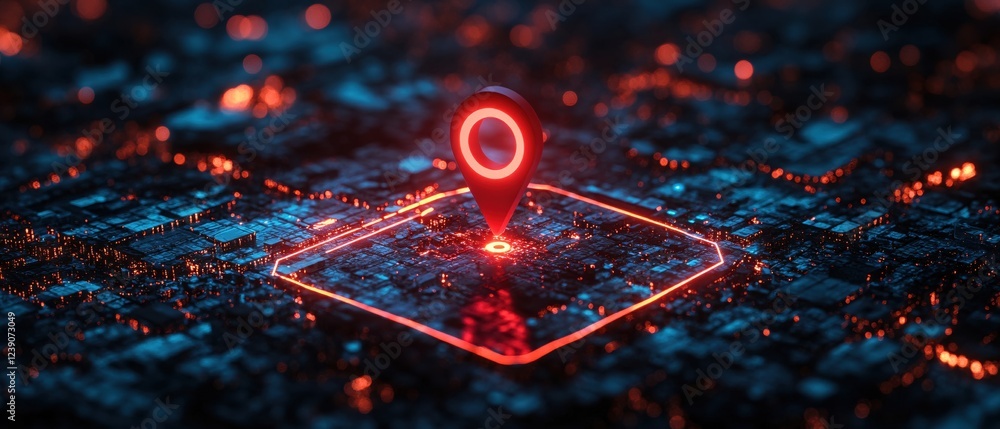 Poster location pin on abstract glowing circuit board with red and blue lights and bokeh effect