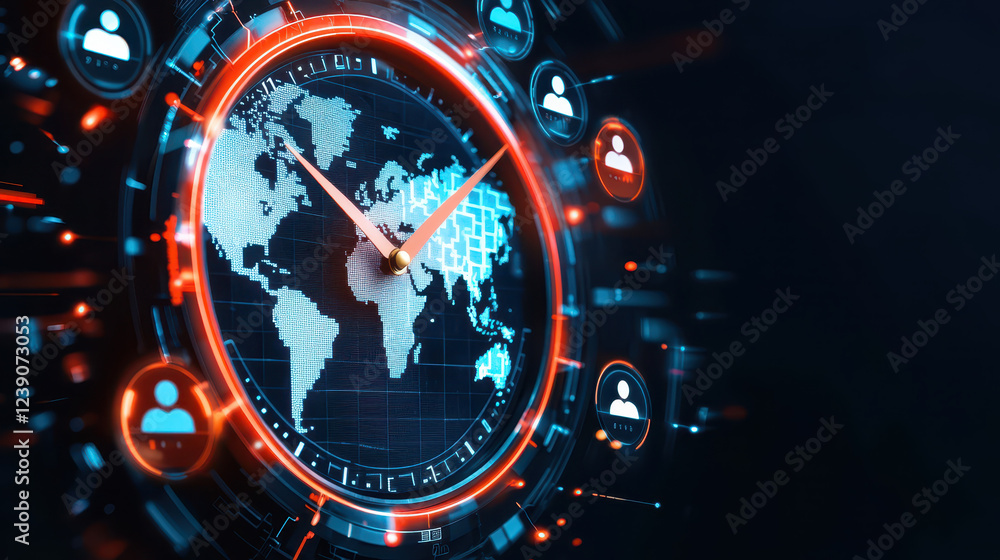 Aufkleber digital clock displaying world map and time zones with user icons