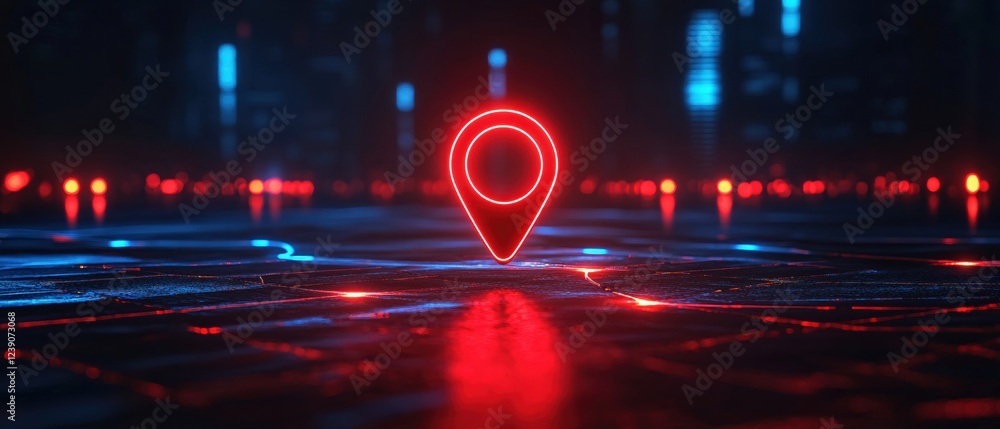Poster glowing red location pin over futuristic city map with neon lights and abstract patterns
