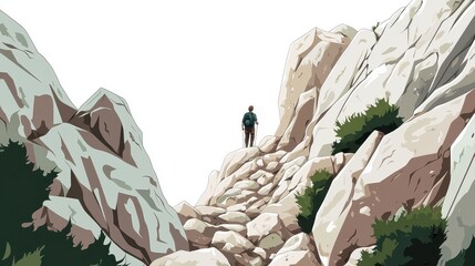 Hiker Standing on Rocky Trail Surrounded by Nature Landscape