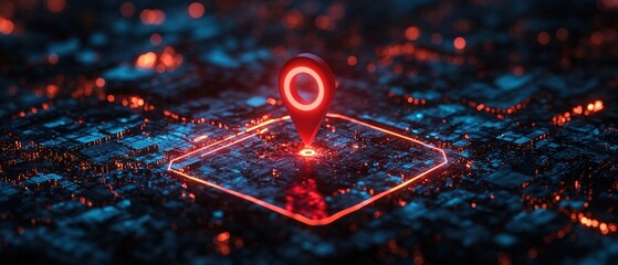 Location pin on abstract glowing circuit board with red and blue lights and bokeh effect