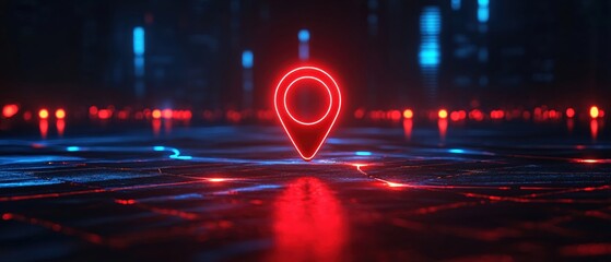 Glowing red location pin over futuristic city map with neon lights and abstract patterns