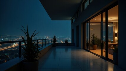 Fototapeta premium Contemporary design of modern Balcony at night, cinematic photography