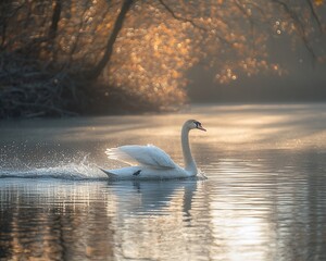 Fototapeta premium Swan gliding on misty lake at sunrise, autumn trees background, nature wildlife scene