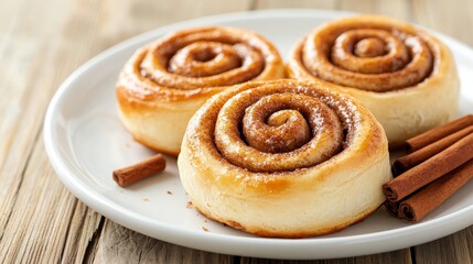 Delicious Cinnamon Rolls on White Plate - Three golden-brown cinnamon rolls, dusted with sugar, sit on a white plate alongside cinnamon sticks. A rustic wooden background enhances the image.