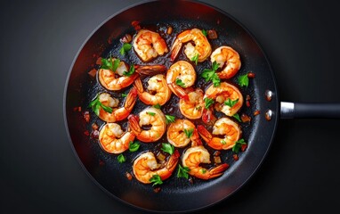 Fiery Shrimp Scampi Dish Cooking on a Hot Skillet, with Garlic Butter and Fresh Parsley, Top-Down View