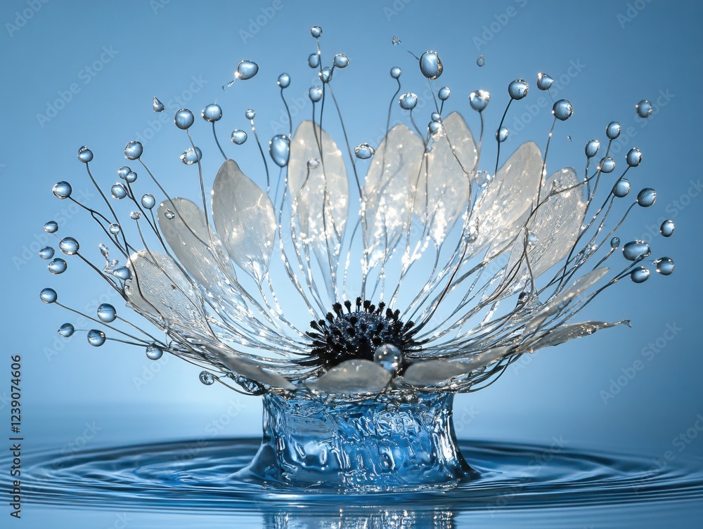 Poster water droplets on delicate flower structure creating a splash with blue gradient background