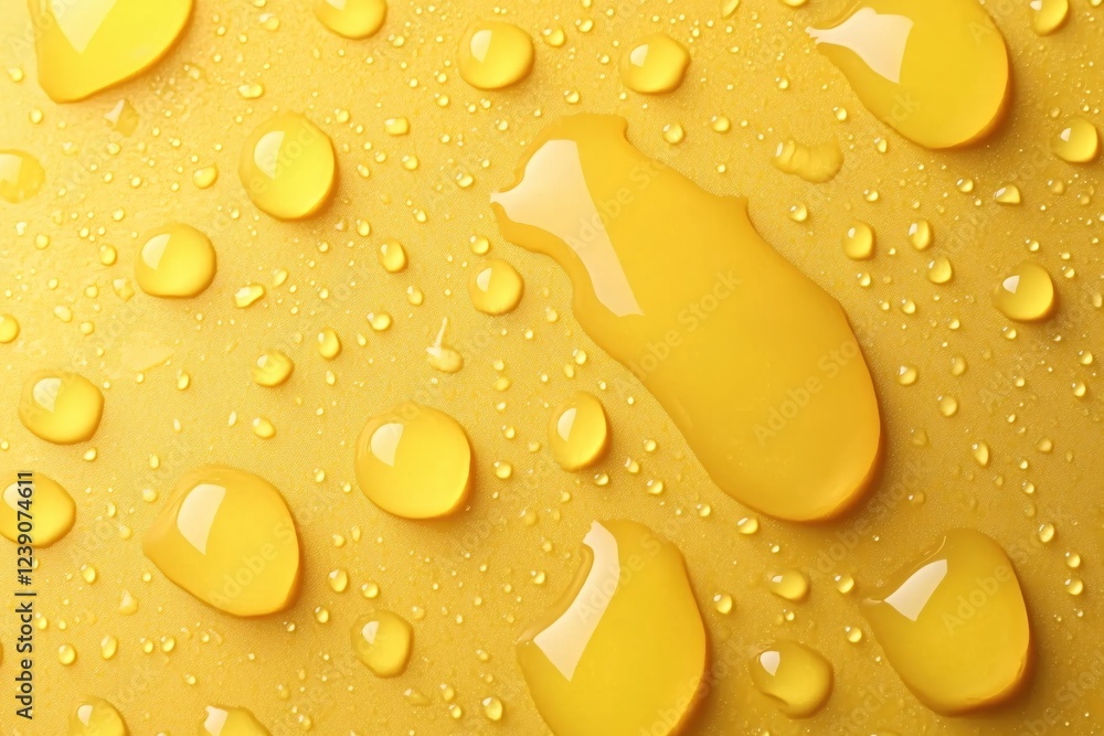 Poster golden liquid drops on yellow surface creating a refreshing and vibrant abstract background