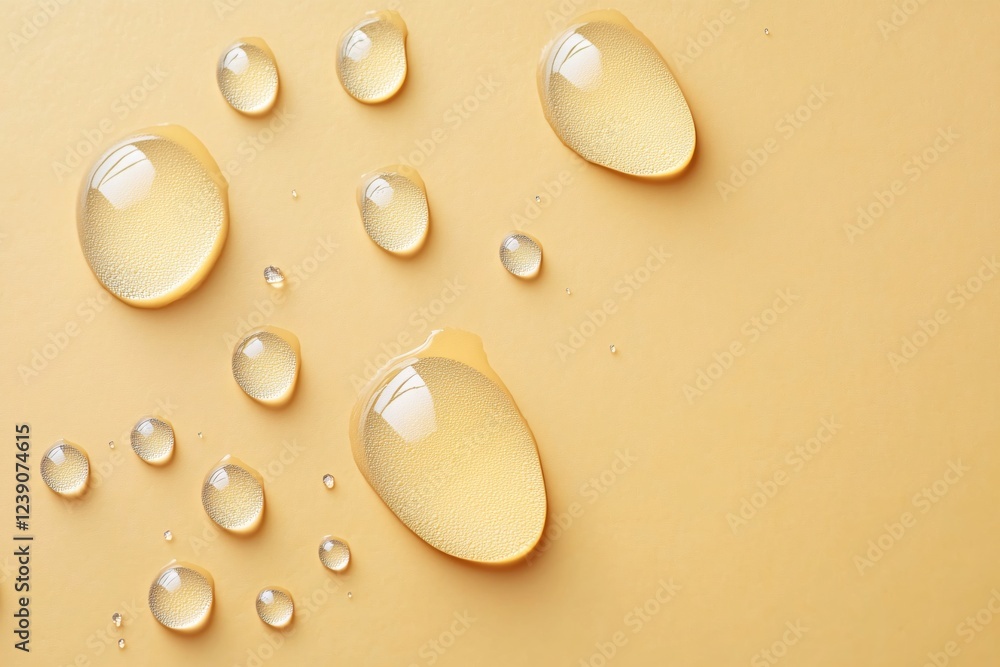 Poster golden liquid drops on a smooth surface creating a clean and minimalist abstract pattern