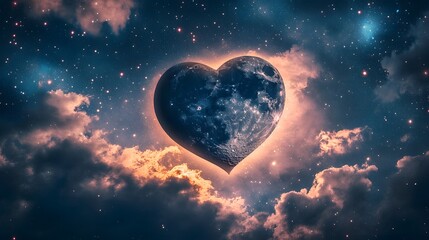 Heart-shaped Moon Surrounded by Stars and Cosmic Clouds at Night