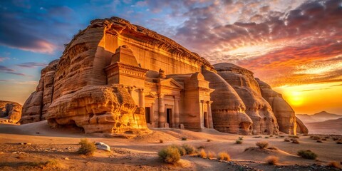 Majestic Nabataean Tombs of Mada'in Saleh at Sunset, AlUla, Saudi Arabia