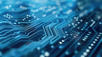 Blue Circuit Board Close-Up With Node Connections