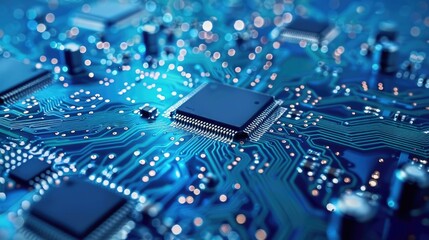 Fototapeta premium Vibrant Blue Circuit Board With Multiple Chips