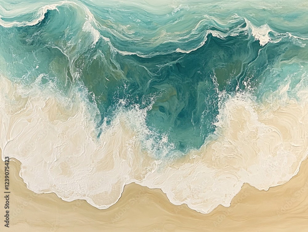 Poster aerial view of textured ocean waves crashing on a sandy beach in a calming abstract style