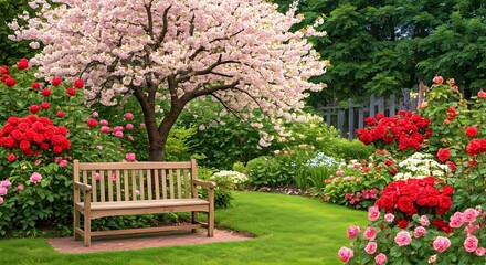 A picturesque garden with a wooden bench under a blooming cherry tree, surrounded by vibrant roses and daisies, Ai Generated