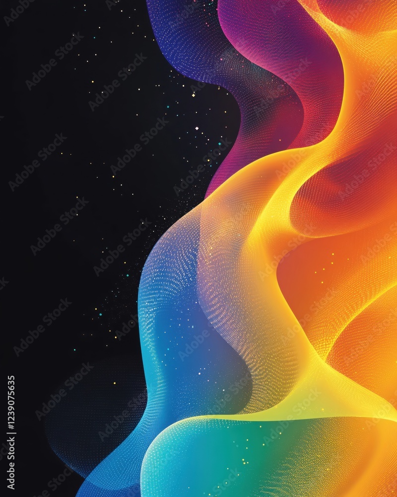 Poster abstract flowing gradient mesh with glowing particles against a dark space background