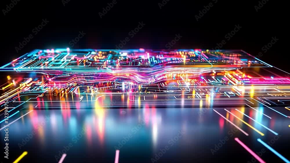 Poster futuristic digital circuit with vibrant neon lights and intricate patterns in 4k quality