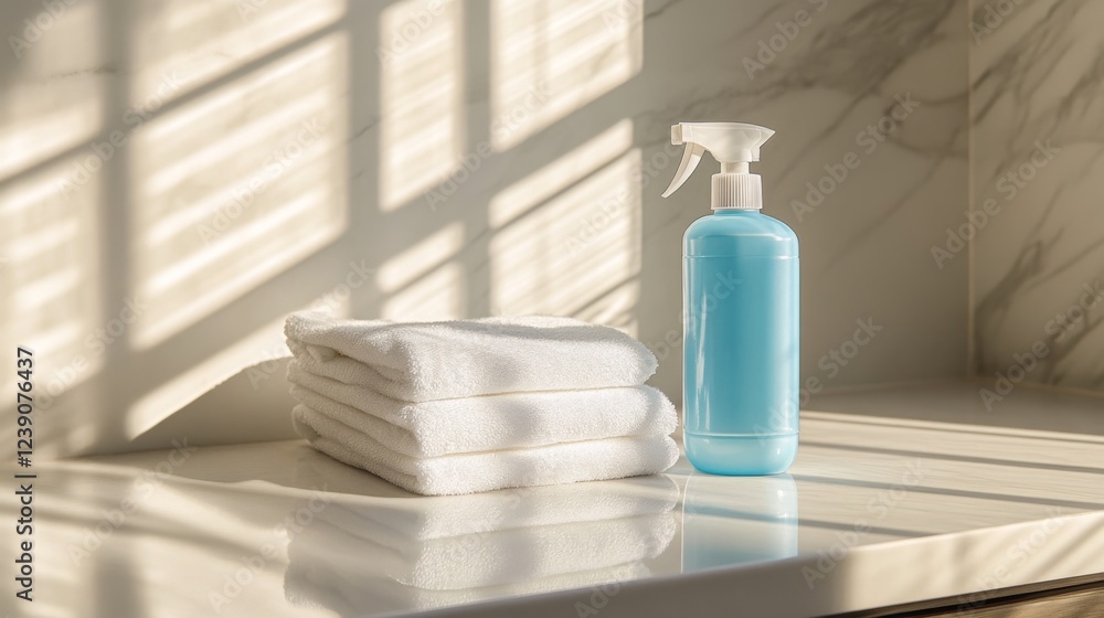 Poster sunlight filters through a window, casting shadows on a clean countertop. a spray bottle of blue cle