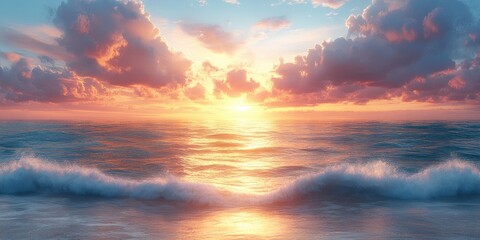 Obraz premium Ocean Sunset Seascape Serene Landscape Pastel Colors Calm Water Horizon Golden Hour