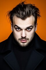 Fototapeta premium Intense portrait of a man with striking features against a vibrant orange background