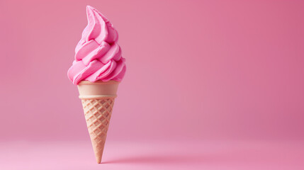 A Pink ice cream cone on a blank pink background, summery setting with copy space. Generative AI
