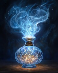 Mystic story mood Mysterious glowing potion in glass container.