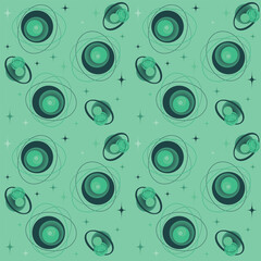 Abstract seamless pattern with planets and stars in green shades for web, print, background, wallpaper.