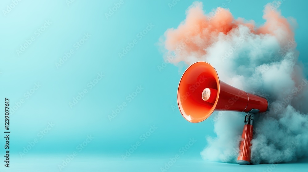 Poster this image features a striking red megaphone breaking through vibrant clouds, illustrating the power