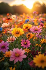 Fototapeta premium Wildflowers in a Sunny Meadow with Golden Hour Lighting and Impressionistic Style