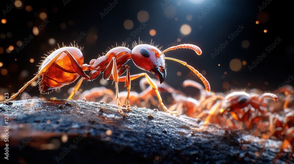 Poster this image captures a lively scene of red ants collaborating on a log, portraying their unity and bu