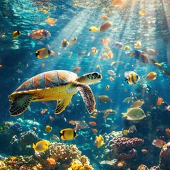 Fototapeta premium Sea turtle swimming gracefully through a vibrant coral reef with sunlight filtering down