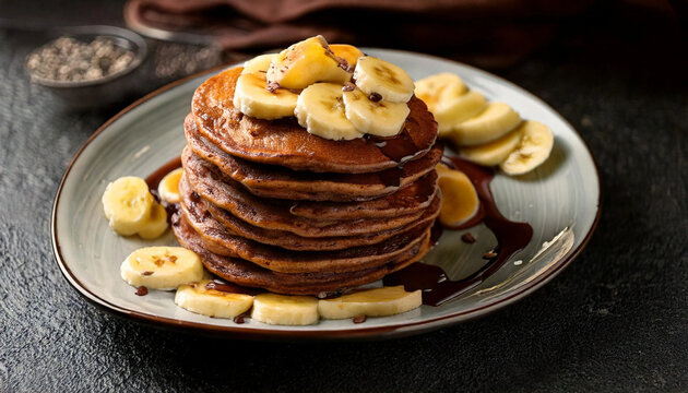 stack of chocolate pancakes with banana