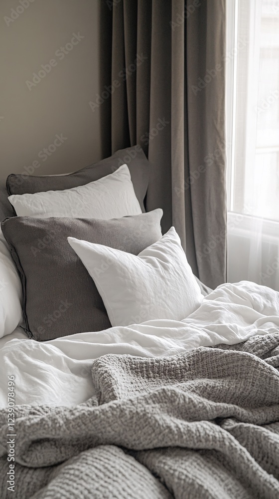 Poster soft bedding with pillows and a blanket in a serene bedroom setting by a window