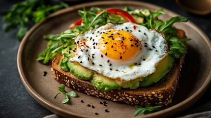 Wholesome avocado toast on whole grain bread with poached egg, black sesame seeds, and red pepper flakes. Rustic wooden board setting with natural lighting and minimalist backdrop.