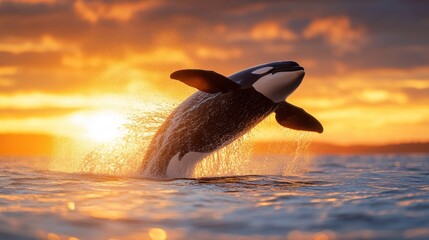 Fototapeta premium An orca thrillingly leaps from the ocean, silhouetted by a vibrant sunset, capturing the essence of freedom and the beauty of nature's wonders in marine life.
