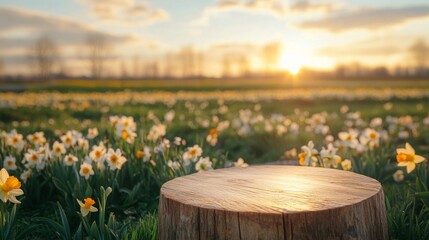 Fototapeta premium A wooden podium stands amidst a field of blooming flowers during spring. The sun sets in the background, casting warm light on the vibrant landscape, creating a peaceful and serene atmosphere.