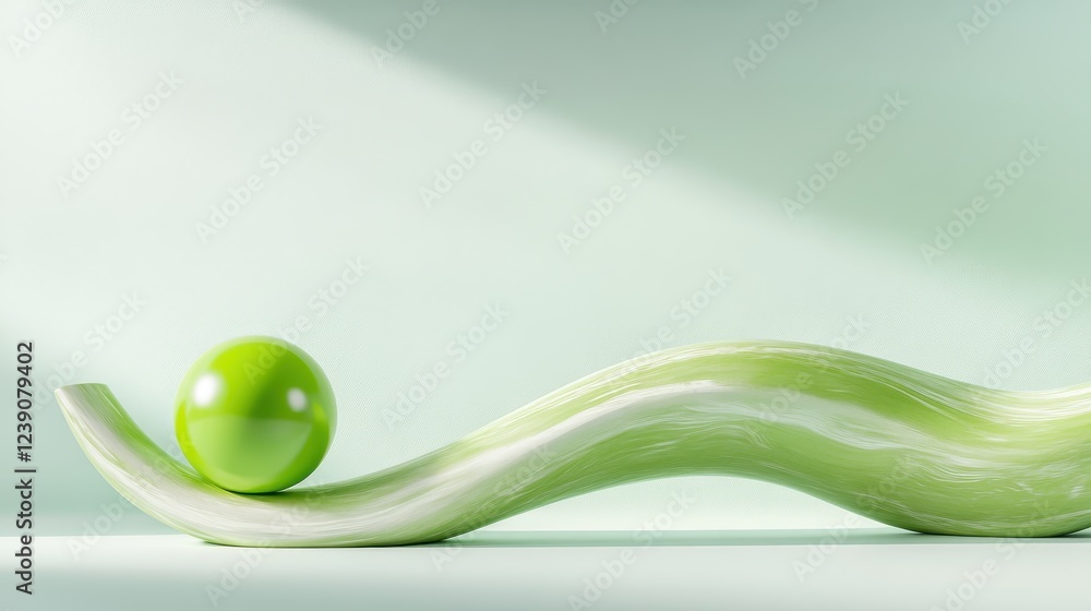 Poster a captivating minimalist abstract composition featuring a smooth green sphere resting on a flowing w
