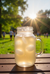 Refreshing coconut water in mason jar on park table, morning serenity