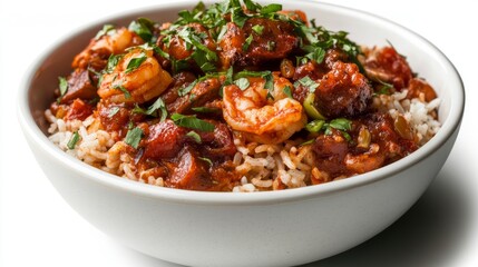 Fototapeta premium 4K Ultra HD Quality Shot of a Flavorful Shrimp and Rice Dish with Fresh Herbs
