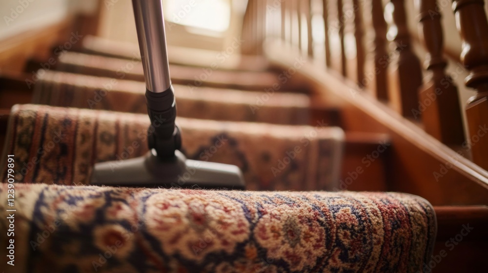 Poster a person is vacuuming a patterned carpet on the stairs as part of a spring cleaning routine. the war