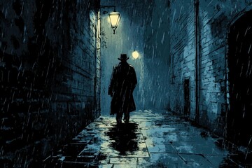 Lonely Figure Walking Rainy Night Alleyway