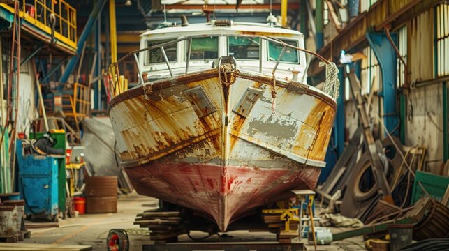 Rusty boat in a shipyard surrounded by old equipment. Industrial setting with a weathered vessel, perfect for maritime and urban decay themes. Aged, textured, and nostalgic marine scene.