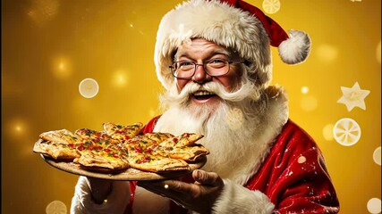 Santa spreads joy while serving delicious festive pizza at a cozy holiday gathering in a warm, sparkling atmosphere
