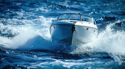 Fototapeta premium Powerboat cruising on deep blue waters. High-speed movement with foamy waves and sunlit reflections, perfect for vacation, marine sports, and nautical lifestyle concepts.