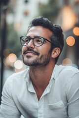 Obraz premium A contemplative man, wearing glasses, enjoys his surroundings, radiating introspection and calm in the city.