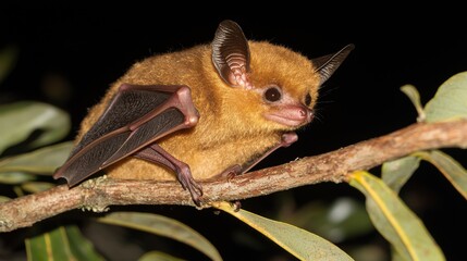 Obraz premium A bat perched on a tree branch, its wings partially folded and glowing faintly under the pale moonlight. The setting evokes the natural habitat of zoonotic carriers and their potential threat 