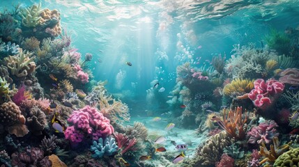 Fototapeta premium Underwater ecosystem with colorful coral formations. A dynamic and vibrant marine environment, showcasing rich biodiversity, perfect for ecological projects and ocean exploration concepts.