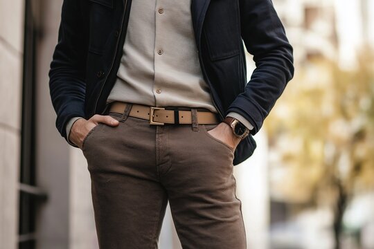 A man in a stylish outfit stands confidently with hands in pockets against a subtle urban backdrop.