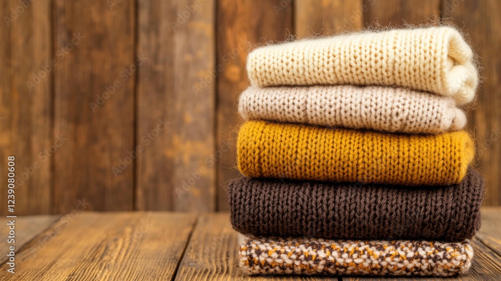 Poster warm knitted sweaters displayed on a rustic wooden background create an inviting autumn atmosphere i