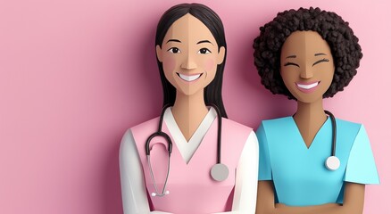 Two smiling nurses celebrating national nurses day with folded paper art